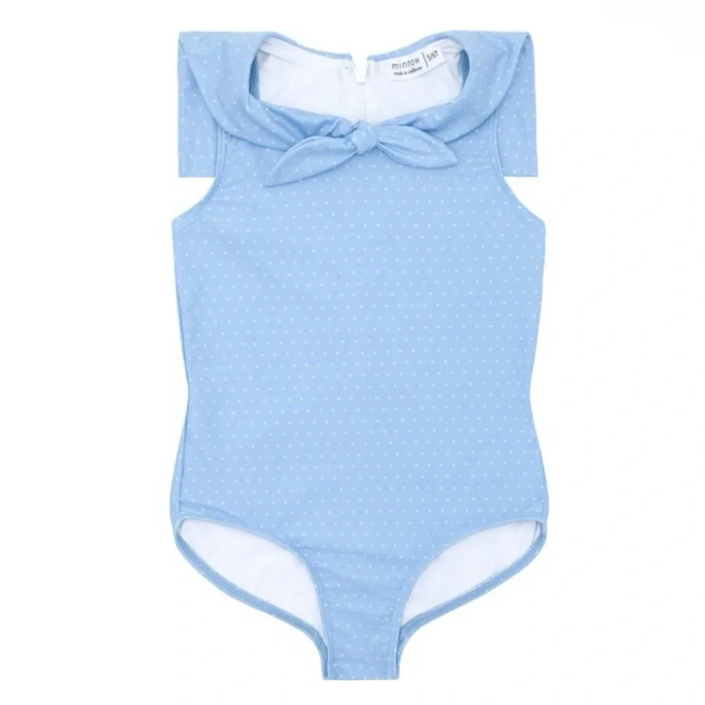 Minnow Girl's Mulberry Blue Dot Sailor One-Piece Swimsuit - Size 7/8T